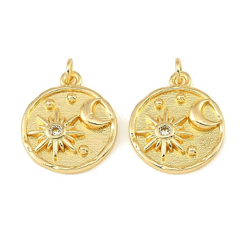 Brass Micro Pave Clear Cubic Zirconia Pendants, Flat Round with Sun & Moon Charms, Golden, 21.5x18x3.5mm, Hole: 3mm