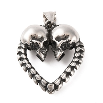 316 Surgical Stainless Steel Pendants, Heart with Double Skull Charm, Antique Silver, 36x31.5x12mm, Hole: 4x8.5mm