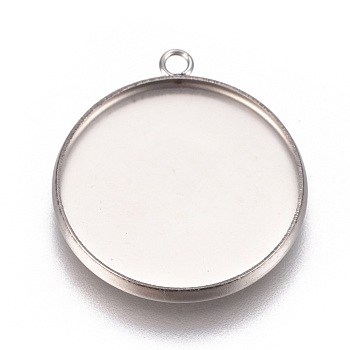 304 Stainless Steel Pendant Cabochon Settings, Plain Edge Bezel Cups, Flat Round, Stainless Steel Color, Tray: 20mm, 24.5x21.8x2mm, Hole: 1.8mm