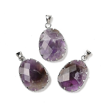 Natural Amethyst Pendants, Faceted Oval Charms with Brass & Iron Findings, Platinum, 26x17x5~6mm, Hole: 4.5mm