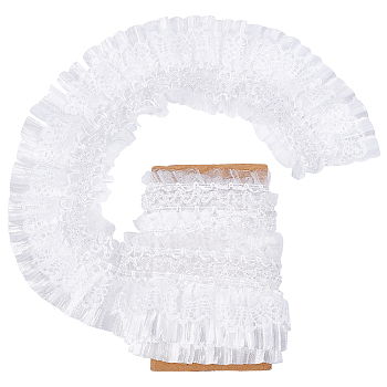5Yards Elastic Chinlon Lace Trim, with Imitation Pearl Beads, Pleated Lace, White, 3-1/8 inch(80mm), about 4.572m