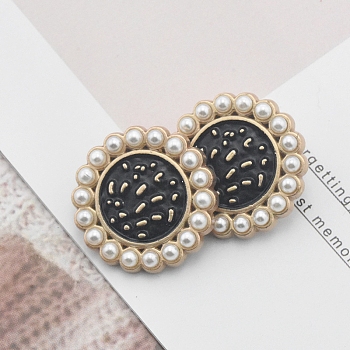 Alloy Enamel Shank Buttons, with Plastic Imitation Pearls, for Garment Accessories, Black, 18mm