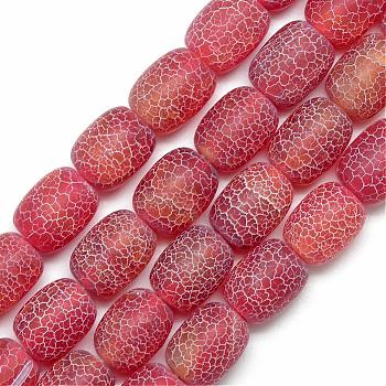 Natural Weathered Agate Beads Strands, Frosted, Dyed, Barrel, FireBrick, 13.5~14.5x10.5~11mm, Hole: 2mm, about 28pcs/strand, 16.3 inch