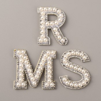 Letter.M/R/S Plastic Imitation Pearl Beaded Iron on Appliques for Wedding, with Non-Woven Fabric, White, 45~46x32.5~49x5mm, 3pcs/set