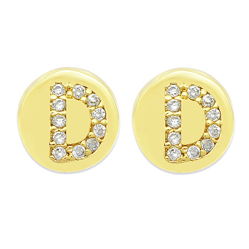 Brass Micro Pave Clear Cubic Zirconia Beads, Flat Round with Letter, Letter.D, 7.5x6.5mm, Hole: 3.5mm, 3pcs/bag