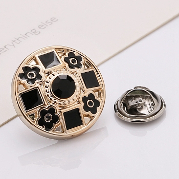 Plastic Brooch, Alloy Pin, with Rhinestone, Enamel, for Garment Accessories, Round with Flower & Square, Black, 18mm