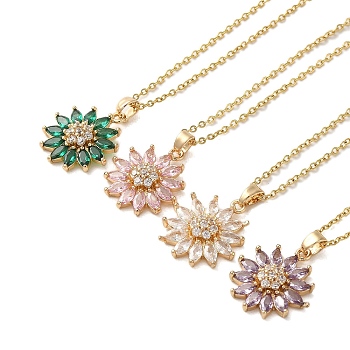 Brass Micro Pave Cubic Zirconia Pendant Necklaces for Women, 201 Stainless Steel Cable Chain Necklaces, Flower, Mixed Color, 15.75 inch(40cm)