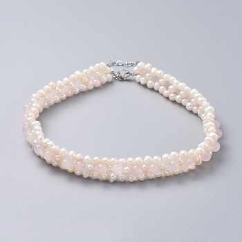 Natural Freshwater Pearl Necklaces, with Natural Rose Quartz Beads, 304 Stainless Steel Findings and Kraft Paper Cardboard Jewelry Boxes, 13.8 inch(35cm)