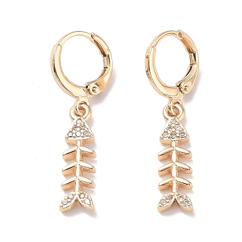 Real 18K Gold Plated Brass Dangle Leverback Earrings, with Cubic Zirconia, Fishbone, Clear, 33x6mm