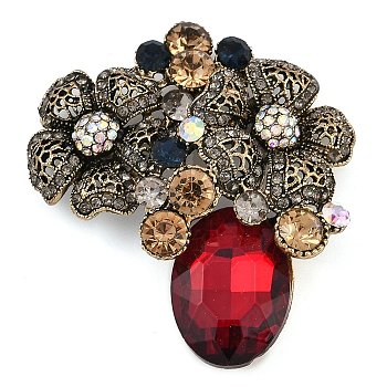 Zinc Alloy Colorful Rhinestone Brooch, for Clothes, Antique Silver, Flower, 65x58mm