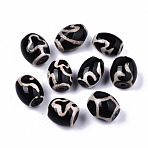 Tibetan Style dZi Beads, Natural Agate Beads, Black & Beige Dyed & Heated, Oval, Lotus & Bodhi Patterns, Mixed Patterns, 15~18.5x12~14mm, Hole: 1.5~2mm(TDZI-N001-011)