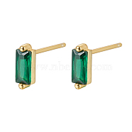 Cubic Zirconia Rectangle Stud Earrings, Golden 925 Sterling Silver Post Earrings, with 925 Stamp, Dark Green, 7.8x3mm(FU7889-12)