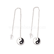 Long Chain with Enamel Yin Yang Dangle Stud Earrings, 304 Stainless Steel Ear Thread for Women, Stainless Steel Color, 101mm, Pin: 1mm(EJEW-A067-04P)