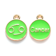 Alloy Enamel Pendants, Cadmium Free & Lead Free, Flat Round with Constellation, Light Gold, Pale Green, Cancer, 15x12x2mm, Hole: 1.5mm(X-ENAM-S124-01B-06D)