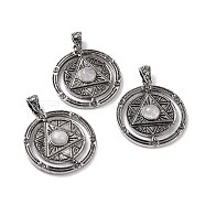 Natural Quartz Crystal Pendants, Flat Round with Hexagram Charms, with Antique Silver Plated Alloy Findings, 42.5x37x8mm, Hole: 5.5x4mm(G-L524-05AS-03)