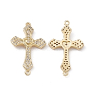 Rack Plating Brass Micro Pave Clear Cubic Zirconia Connector Charms, Lead Free & Cadmium Free, Religion Cross Links, Real 18K Gold Plated, 30.4x18x3mm, Hole: 1.2mm(KK-A175-07G)