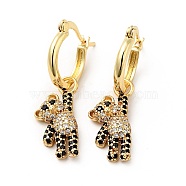 Cubic Zirconia Bear Dangle Hoop Earrings, Real 18K Gold Plated Brass Jewelry for Women, Black, 34mm, Pin: 0.8x1mm(EJEW-F288-10A-G)