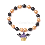 Alloy Enamel Charm Bracelets, Halloween Themed Round Glass Pearl Beaded Stretch Bracelets, Cupcake, Inner Diameter: 2-3/8 inch(6cm)(BJEW-JB10851-02)