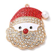 Christmas Zinc Alloy Rhinestone Pendnats, with Enamel and Plastic Pearl, Santa Claus, 38x35x8mm, Hole: 2mm(PALLOY-K008-01E-KCG)
