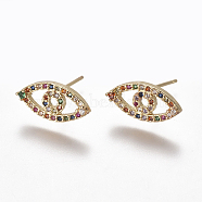 Brass Micro Pave Cubic Zirconia Studs Earrings, Eye, Colorful, 7x15x2.5mm, Pin: 0.7mm(EJEW-K078-11)