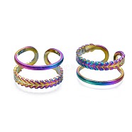 304 Stainless Steel Leaf Wrapped Cuff Ring, Rainbow Color Open Ring for Women, US Size 7 3/4(17.9mm)(RJEW-N038-058)