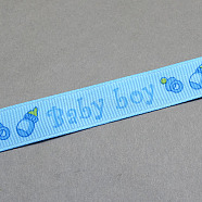 Baby Shower Ornaments Decorations Word Baby Boy Printed Polyester Grosgrain Ribbons, Deep Sky Blue, 5/8 inch(16mm), about 20yards/roll(18.29m/roll)(OCOR-S023-01)