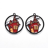 Halloween Theme Alloy Enamel Pendants, Flat Round with Red Haunted House/Castle, Electrophoresis Black, 24x22x1.5mm, Hole: 1.6mm(ENAM-J649-12B-01)