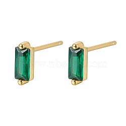 Cubic Zirconia Rectangle Stud Earrings, Golden 925 Sterling Silver Post Earrings, with 925 Stamp, Dark Green, 7.8x3mm(FU7889-12)