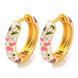 Rack Plating Brass Hoop Earrings, with Flower Enamel, Cadmium Free & Lead Free, Long-Lasting Plated, Real 18K Gold Plated, White, 19x4.5mm(EJEW-C102-46G-07)