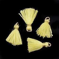 Polycotton(Polyester Cotton) Tassel Pendant Decorations, Mini Tassel, with Iron Findings and Metallic Cord, Light Gold, Yellow, 10~15x2~3mm, Hole: 1.5mm(X-FIND-S281-37)