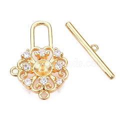 Brass Micro Pave Clear Cubic Zirconia Toggle Clasps, Flower, Real 18K Gold Plated, 24x15.5x4.5mm, Hole: 1.5mm, Bar: 3.5x20.5x1.5mm, Hole: 1mm, Pin: 1mm.(KK-N254-142G)