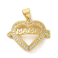 Mother's Day Brass Micro Pave Clear Cubic Zirconia Pendants, Heart, Real 16K Gold Plated, 15.5x19.5x3.5mm, Hole: 4.5x3.5mm(FIND-Z041-20G)