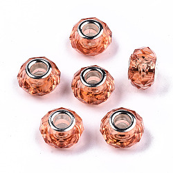 Transparent Resin European Beads, Imitation Crystal, Large Hole Beads, with Silver Tone Brass Double Cores, Faceted, Rondelle, Coral, 14x9.5mm, Hole: 5mm(RPDL-T003-003-B13)