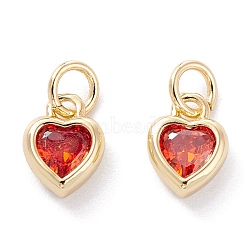 Brass inlaid Cubic Zirconia Pendants, with Jump Ring, Long-Lasting Plated, Heart, Real 18K Gold Plated, Coral, 9.5x7x3mm, Hole: 3.6mm(ZIRC-A019-13G-A)