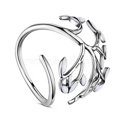 SHEGRACE Elegant Rhodium Plated 925 Sterling Silver Finger Rings, White Enamel Leaves, White, 18mm(JR390B)