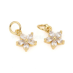 Brass Micro Pave Cubic Zirconia Charms, with Jump Rings, Flower, Clear, Golden, 9.5x7.8x2.5mm, Jump Rings: 4.8x0.8mm, 3.2mm Inner Diameter(X-ZIRC-L096-10G)