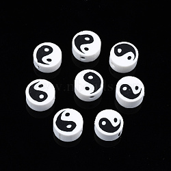 Handmade Polymer Clay Beads, Flat Round with Yin Yang, White, 9~10x9~10x4~7mm, Hole: 2mm(CLAY-T016-65K)