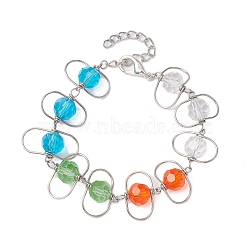 Copper Wire Wrapped Colorful Faceted Glass Round Bead Link Bracelets for Women, Platinum, Platinum, 7-3/4 inch(19.8cm)(BJEW-JB10320)