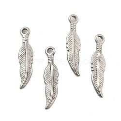 304 Stainless Steel Pendants, Feather, Stainless Steel Color, 25.5x6x2.5mm, Hole: 2mm(STAS-E446-08P)