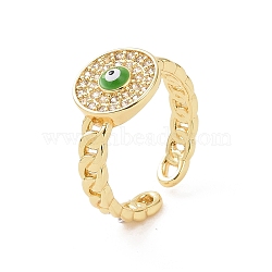 Real 18K Gold Plated Brass Micro Pave Cubic Zirconia Open Rings, Enamel Evil Eye Cuff Rings for Women, Lime Green, 4mm, Inner Diameter: US Size 6 3/4(17mm)(RJEW-J017-VC279)