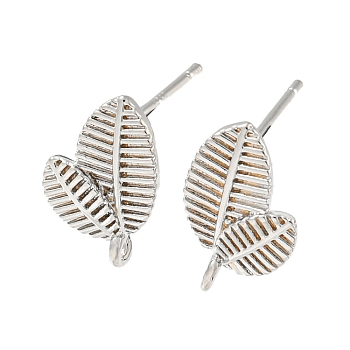 Brass Stur Earring Findings, Leaf, Platinum, 14x9mm, Hole: 1.2mm, Pin: 12mm