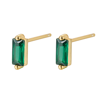 Cubic Zirconia Rectangle Stud Earrings, Golden 925 Sterling Silver Post Earrings, with 925 Stamp, Dark Green, 7.8x3mm