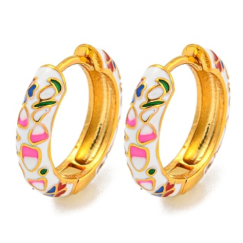 Rack Plating Brass Hoop Earrings, with Flower Enamel, Cadmium Free & Lead Free, Long-Lasting Plated, Real 18K Gold Plated, White, 19x4.5mm