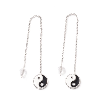 Long Chain with Enamel Yin Yang Dangle Stud Earrings, 304 Stainless Steel Ear Thread for Women, Stainless Steel Color, 101mm, Pin: 1mm