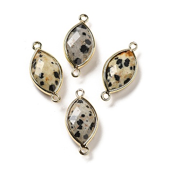 Natural Dalmatian Jasper Faceted Connector Charms, Rack Plating Brass Horse Eye Links, Golden, 25x11.5x5.5mm, Hole: 1.6mm