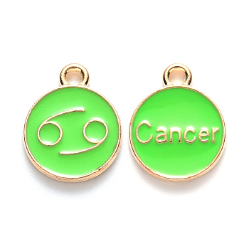 Alloy Enamel Pendants, Cadmium Free & Lead Free, Flat Round with Constellation, Light Gold, Pale Green, Cancer, 15x12x2mm, Hole: 1.5mm