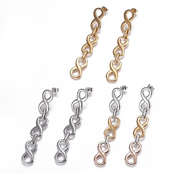 304 Stainless Steel Dangle Stud Earrings, Hypoallergenic Earrings, Infinity, Mixed Color, 70x11x2.5~5mm, Pin: 0.9mm