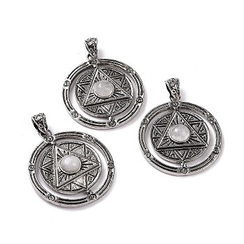 Natural Quartz Crystal Pendants, Flat Round with Hexagram Charms, with Antique Silver Plated Alloy Findings, 42.5x37x8mm, Hole: 5.5x4mm