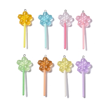 Luminous Translucent Resin Big Pendants, with Platinum Tone Iron Loops, Plastic, Glow in the Dark Flower Lollipop Charm, Mixed Color, 67x24.5x9mm, Hole: 1.8mm