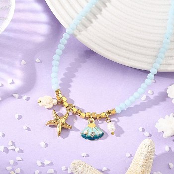 Ocean 304 Stainless Steel and Alloy Enamel Starfish Shell Shape Pendant Glass Beaded Necklaces for Women, Light Blue, Golden, 16.14 inch(41cm)